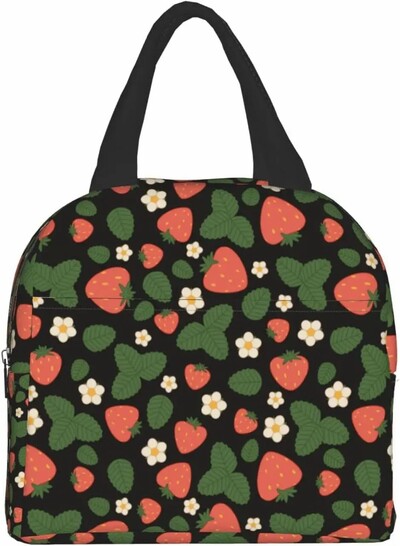 Geantă de prânz termoizolantă reutilizabilă cu căpșuni Geanta de masă de capacitate mare pentru copii, femei, geantă de prânz durabilă pentru picnic, școală de muncă