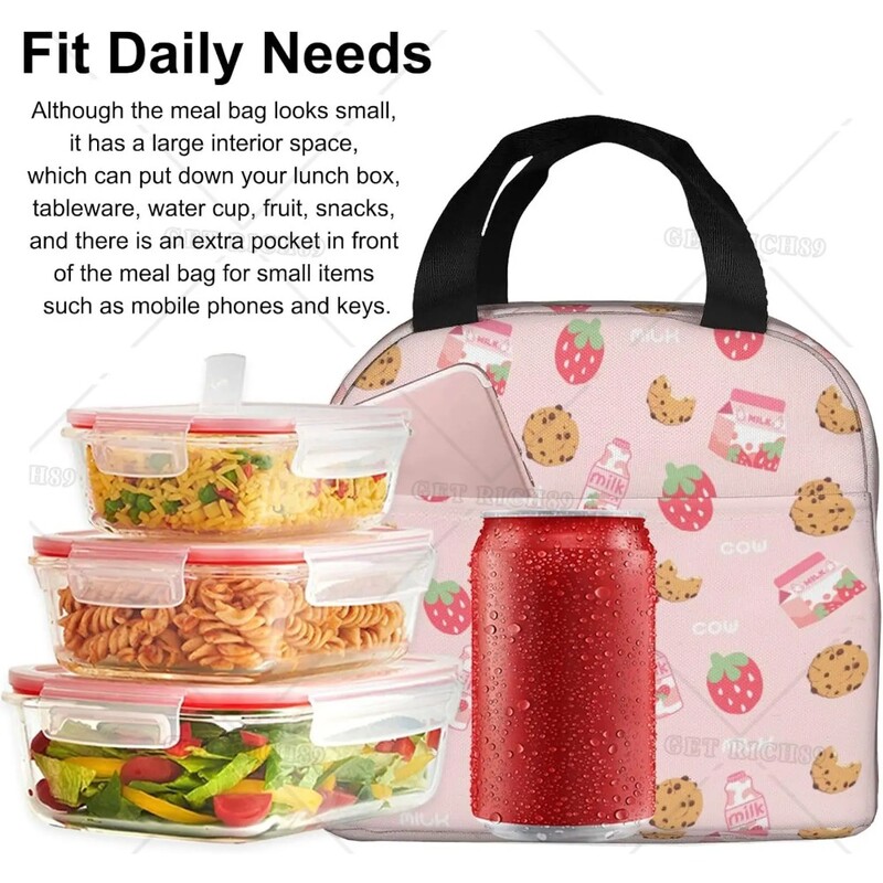 Geantă de prânz termoizolantă reutilizabilă cu căpșuni Geanta de masă de capacitate mare pentru copii, femei, geantă de prânz durabilă pentru picnic, școală de muncă