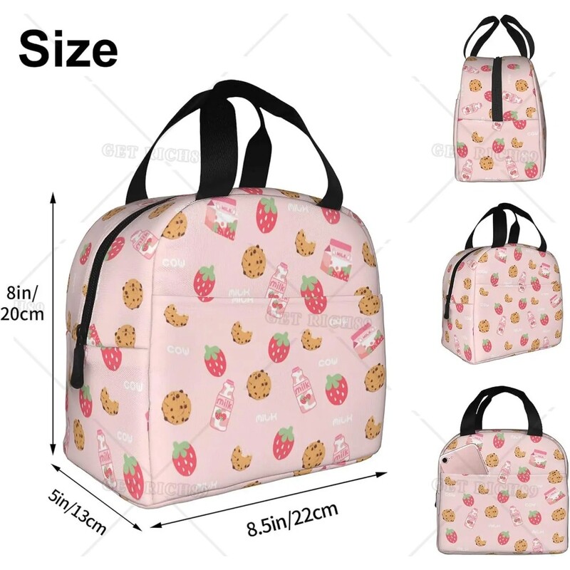 Geantă de prânz termoizolantă reutilizabilă cu căpșuni Geanta de masă de capacitate mare pentru copii, femei, geantă de prânz durabilă pentru picnic, școală de muncă