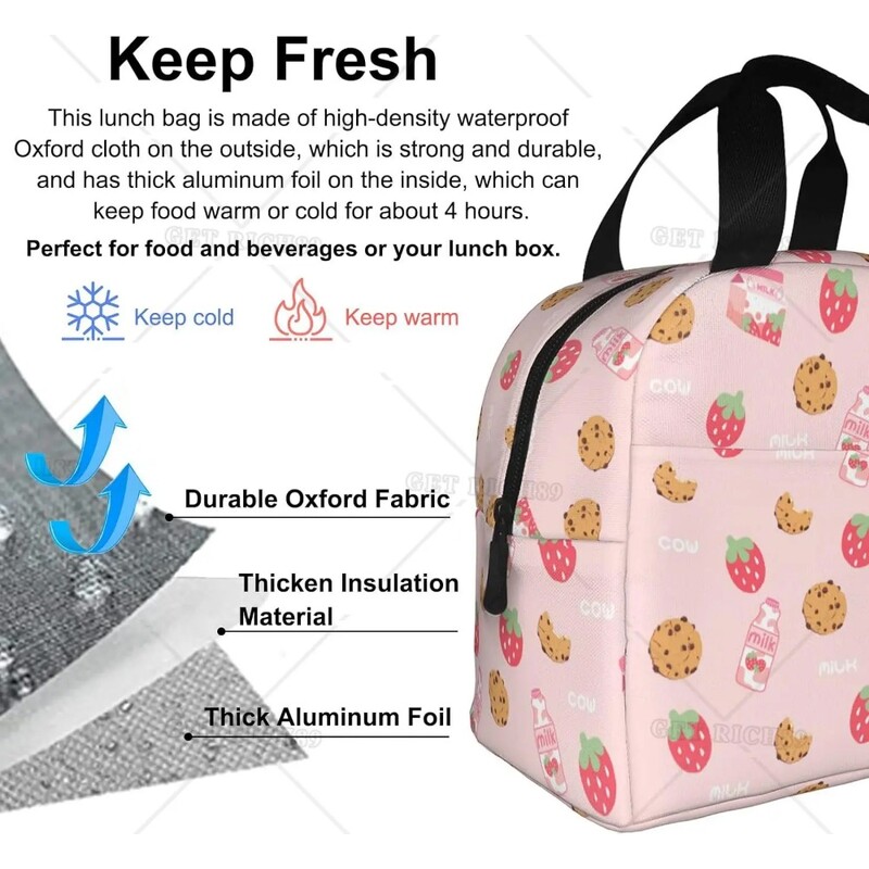 Geantă de prânz termoizolantă reutilizabilă cu căpșuni Geanta de masă de capacitate mare pentru copii, femei, geantă de prânz durabilă pentru picnic, școală de muncă