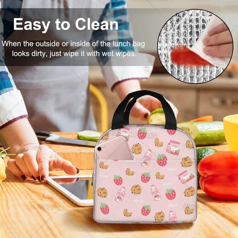 Geantă de prânz termoizolantă reutilizabilă cu căpșuni Geanta de masă de capacitate mare pentru copii, femei, geantă de prânz durabilă pentru picnic, școală de muncă