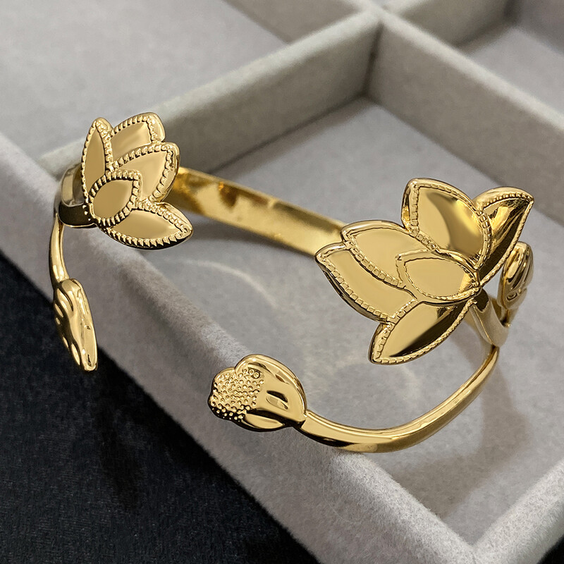 Brățări manșete vintage cu frunze de flori de lotus pentru femei, din oțel inoxidabil, placate cu aur, brățări rezistente la apă, bijuterii rezistente la pătare