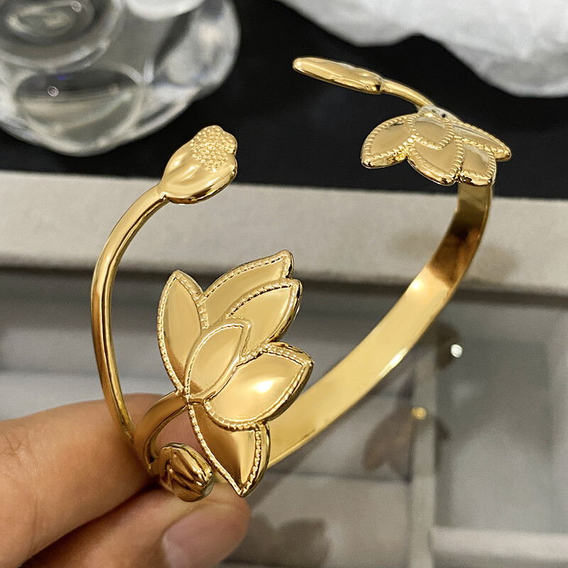 Brățări manșete vintage cu frunze de flori de lotus pentru femei, din oțel inoxidabil, placate cu aur, brățări rezistente la apă, bijuterii rezistente la pătare