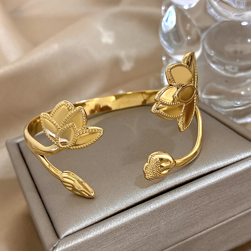 Brățări manșete vintage cu frunze de flori de lotus pentru femei, din oțel inoxidabil, placate cu aur, brățări rezistente la apă, bijuterii rezistente la pătare