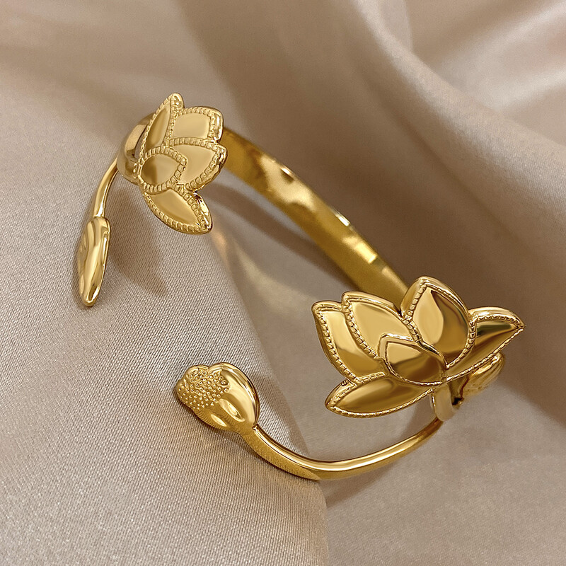 Brățări manșete vintage cu frunze de flori de lotus pentru femei, din oțel inoxidabil, placate cu aur, brățări rezistente la apă, bijuterii rezistente la pătare
