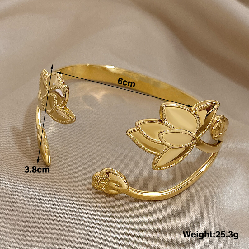 Brățări manșete vintage cu frunze de flori de lotus pentru femei, din oțel inoxidabil, placate cu aur, brățări rezistente la apă, bijuterii rezistente la pătare