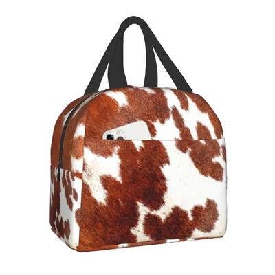 Torba za ručak s teksturom životinjske kravlje kože za školu, ured, piknik, nepropusna toplinska kutija za ručak, toplinski hladnjak Žene, Djeca