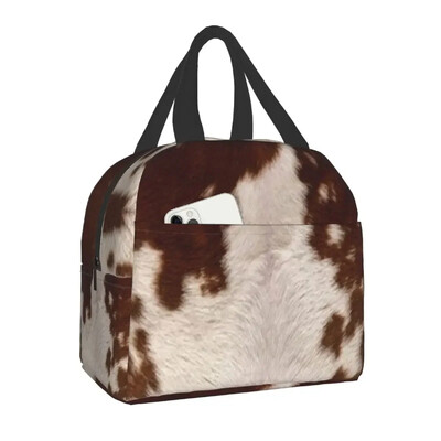 Torba za ručak s teksturom životinjske kravlje kože za školu, ured, piknik, nepropusna toplinska kutija za ručak, toplinski hladnjak Žene, Djeca