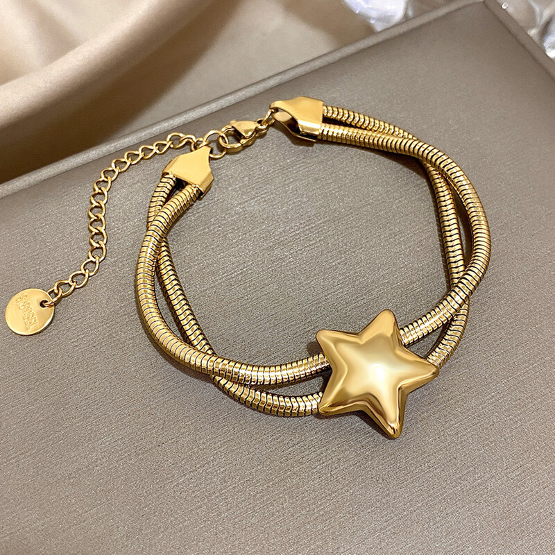 Brățări punk cu stele din oțel inoxidabil pentru femei, de modă, de culoare aurie, oase de șarpe, brățară cu lanț dublu, bijuterii pentru încheietura mâinii