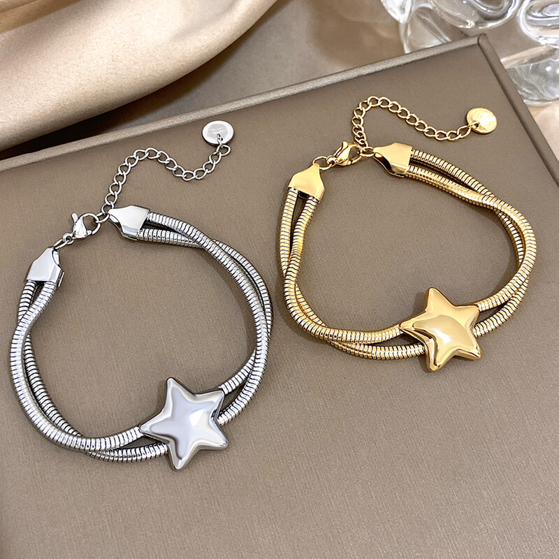 Brățări punk cu stele din oțel inoxidabil pentru femei, de modă, de culoare aurie, oase de șarpe, brățară cu lanț dublu, bijuterii pentru încheietura mâinii