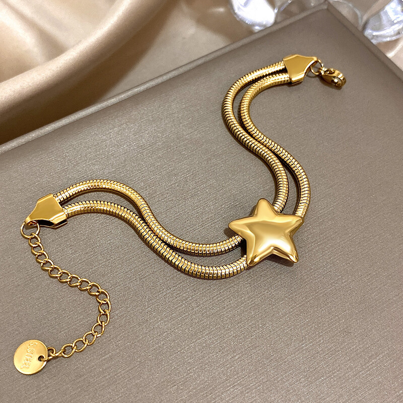 Brățări punk cu stele din oțel inoxidabil pentru femei, de modă, de culoare aurie, oase de șarpe, brățară cu lanț dublu, bijuterii pentru încheietura mâinii