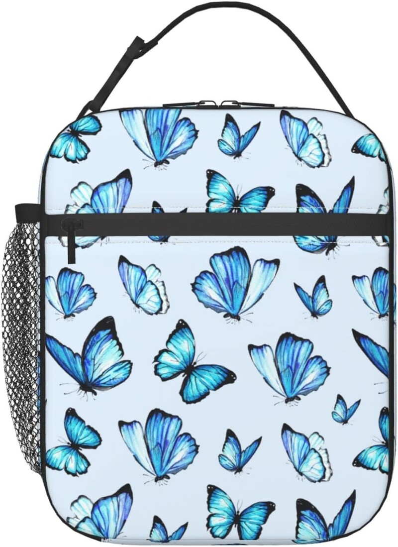 Geantă de prânz izolată cu fluture albastru Frigorific reutilizabil Adolescenți Băieți Fete Copii Cutie de prânz Geantă femei pentru școală, birou, picnic, călătorie