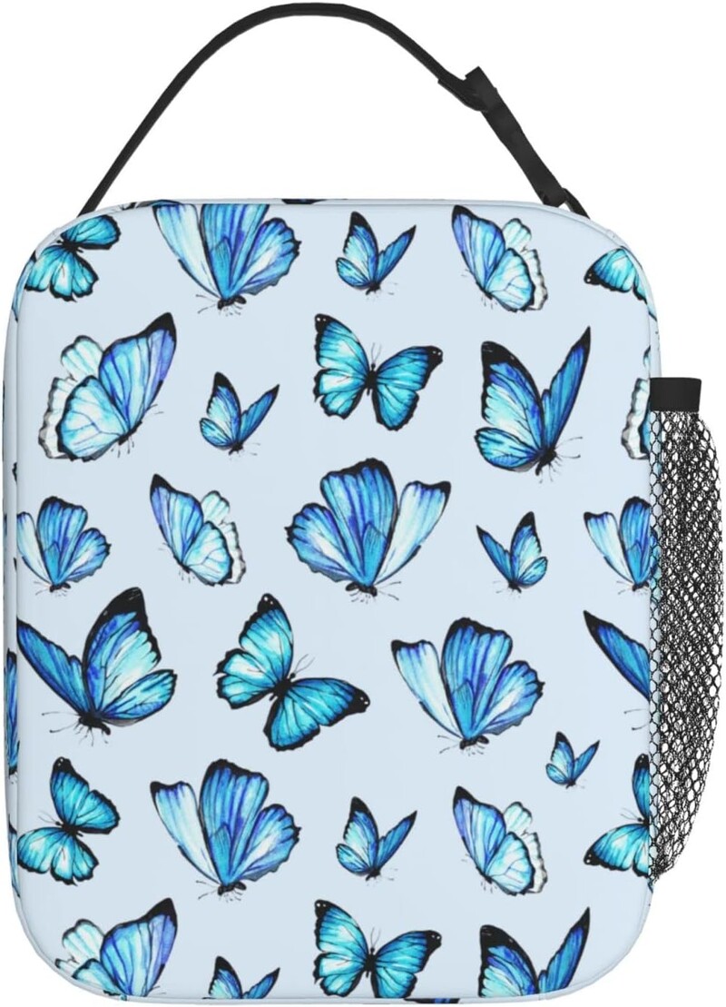 Geantă de prânz izolată cu fluture albastru Frigorific reutilizabil Adolescenți Băieți Fete Copii Cutie de prânz Geantă femei pentru școală, birou, picnic, călătorie