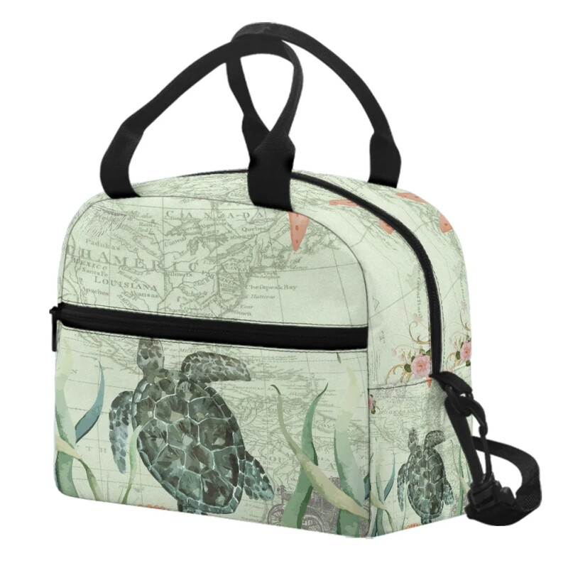 Genți de prânz cu broaște țestoasă de mare de epocă, cutie de prânz portabile pentru doamne, cutie de prânz pentru școală, cu umăr, geantă de prânz izolată Bolsa