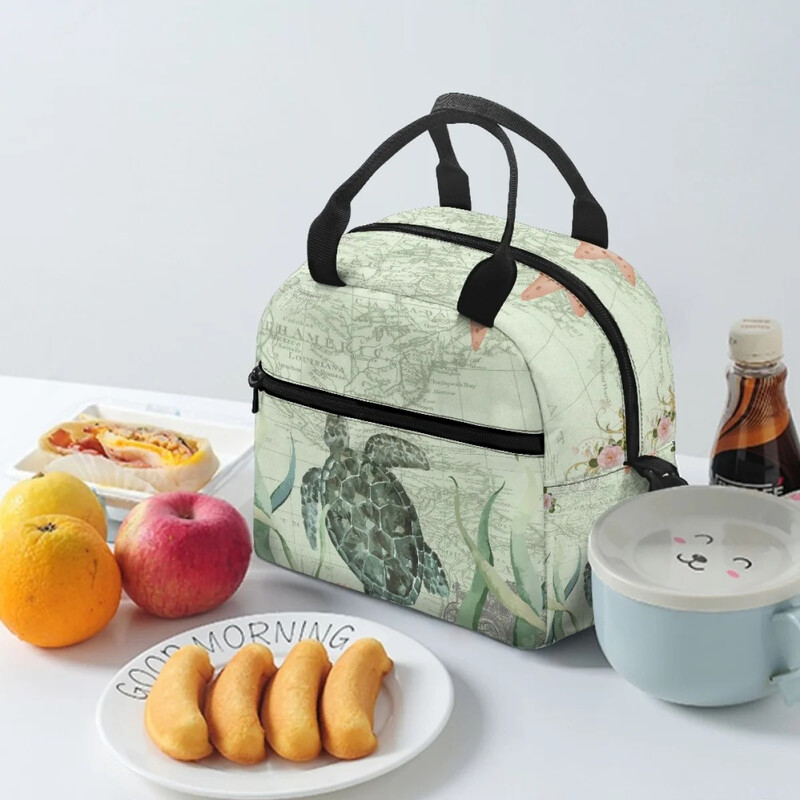 Genți de prânz cu broaște țestoasă de mare de epocă, cutie de prânz portabile pentru doamne, cutie de prânz pentru școală, cu umăr, geantă de prânz izolată Bolsa