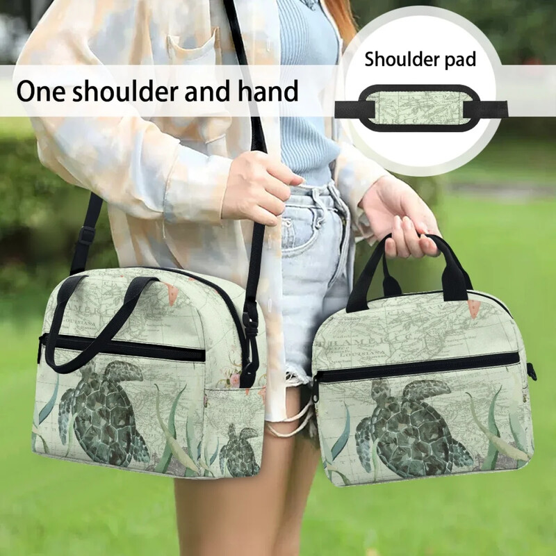 Genți de prânz cu broaște țestoasă de mare de epocă, cutie de prânz portabile pentru doamne, cutie de prânz pentru școală, cu umăr, geantă de prânz izolată Bolsa
