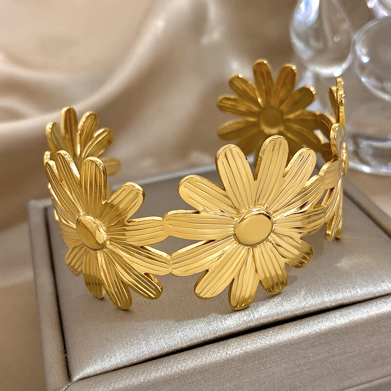 Trendi male narukvice s privjescima od nehrđajućeg čelika s cvjetovima tratinčica za žene, djevojke, slatki zlatni cvjetni lanac s otvorenim manšetama, narukvice, poklon