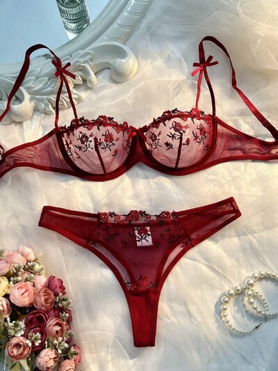 Lenjerie sexy Romantic Fancy Eroticу Set Femei 2 Piese Transparente Lenjerie Intima Femei Broderie Drăguț Frumos Seturi Sutien și Chiloți