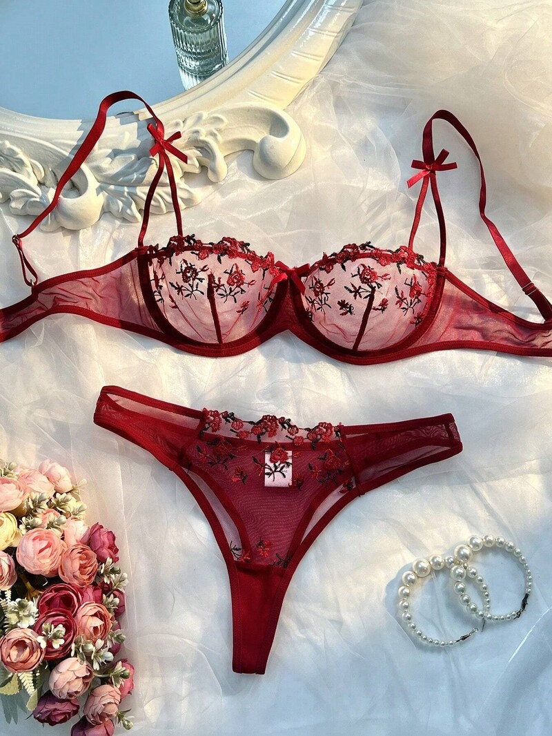 Lenjerie sexy Romantic Fancy Eroticу Set Femei 2 Piese Transparente Lenjerie Intima Femei Broderie Drăguț Frumos Seturi Sutien și Chiloți