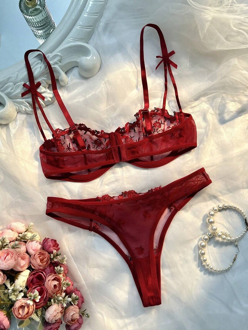 Lenjerie sexy Romantic Fancy Eroticу Set Femei 2 Piese Transparente Lenjerie Intima Femei Broderie Drăguț Frumos Seturi Sutien și Chiloți