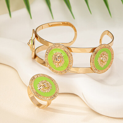 2KOM Set nakita Lavlja glava Narukvica od nehrđajućeg čelika Narukvica za žene Pozlaćeni glatki prsten Punk darovi