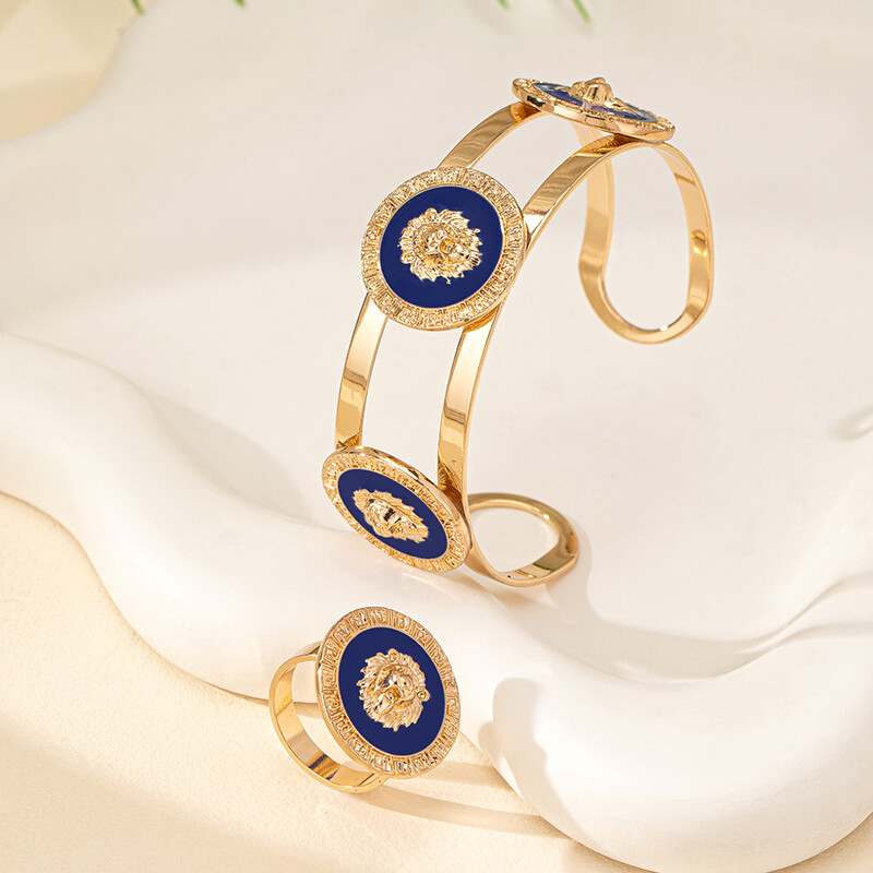 2KOM Set nakita Lavlja glava Narukvica od nehrđajućeg čelika Narukvica za žene Pozlaćeni glatki prsten Punk darovi