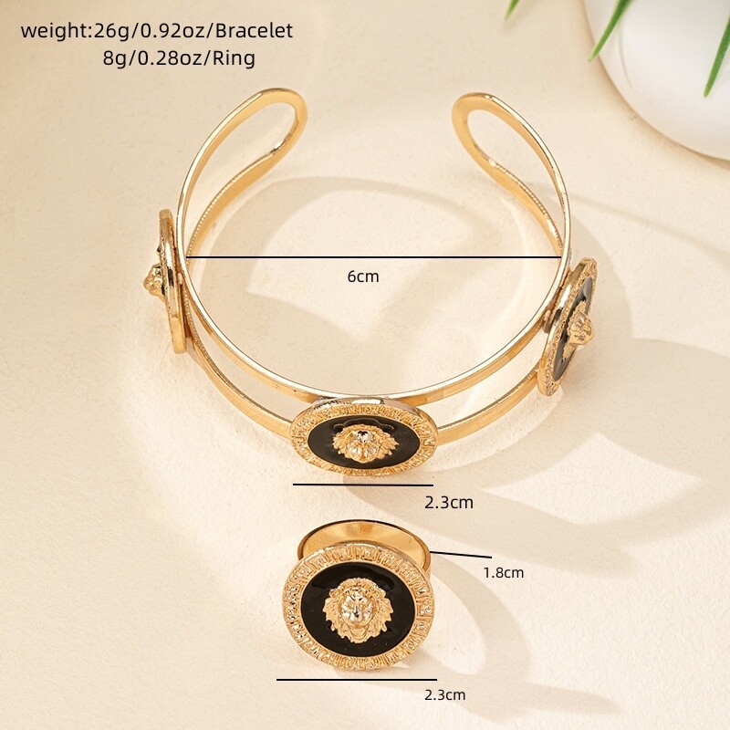 2KOM Set nakita Lavlja glava Narukvica od nehrđajućeg čelika Narukvica za žene Pozlaćeni glatki prsten Punk darovi