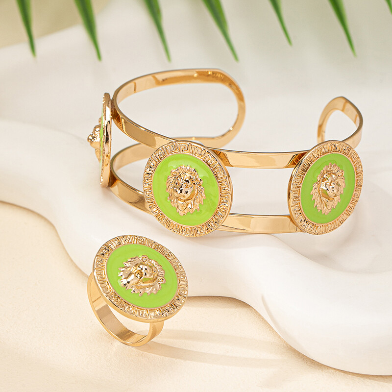 2KOM Set nakita Lavlja glava Narukvica od nehrđajućeg čelika Narukvica za žene Pozlaćeni glatki prsten Punk darovi