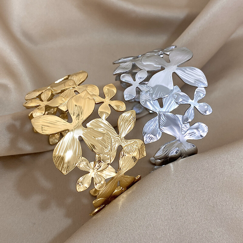 Debela zlatno srebrna narukvica od nehrđajućeg čelika za žene Trendy Chic cvjetni lišće Manžetne narukvice Vodootporni nakit