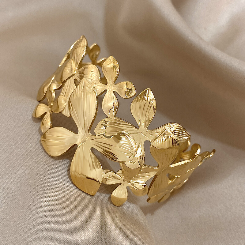 Debela zlatno srebrna narukvica od nehrđajućeg čelika za žene Trendy Chic cvjetni lišće Manžetne narukvice Vodootporni nakit