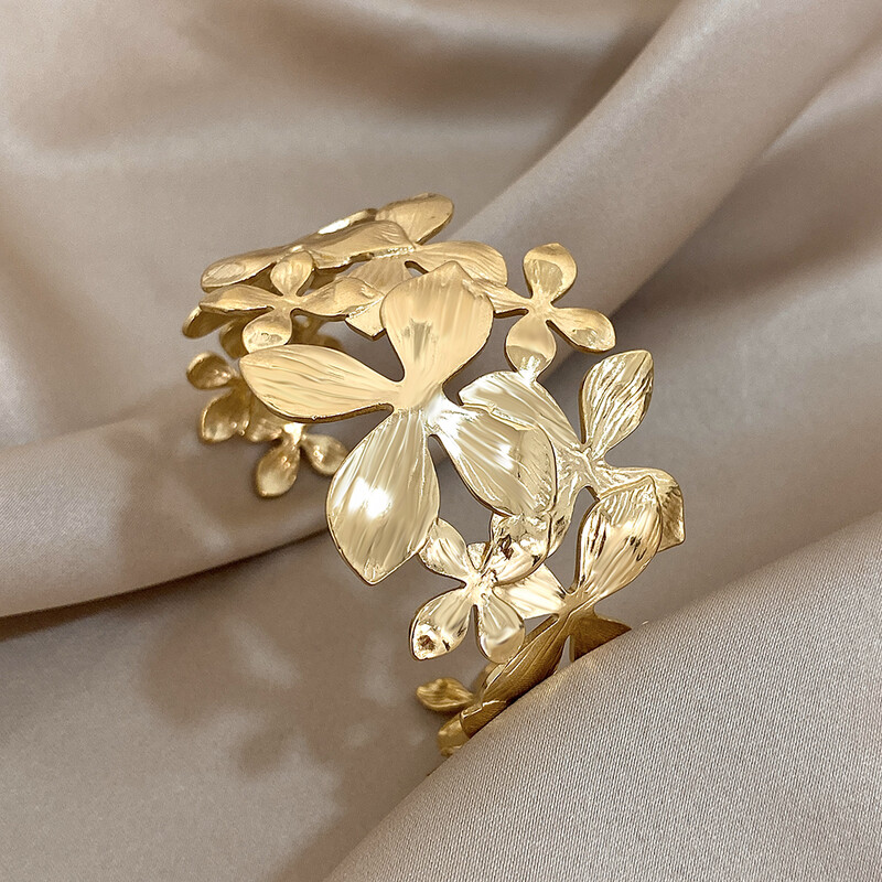 Debela zlatno srebrna narukvica od nehrđajućeg čelika za žene Trendy Chic cvjetni lišće Manžetne narukvice Vodootporni nakit