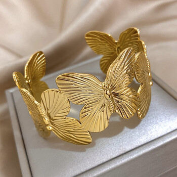 AENSOA Модерна гривна с талисман от неръждаема стомана с пеперуда за жени Bohemia Gold Color Texture Open Cuff Bangle Boho Summer Jewelry