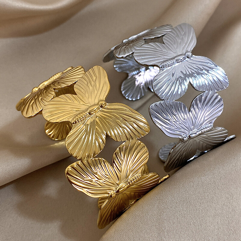 AENSOA trendi narukvica s privjeskom od nehrđajućeg čelika s leptirom za žene Bohemia zlatne teksture s otvorenom manžetom Boho ljetni nakit