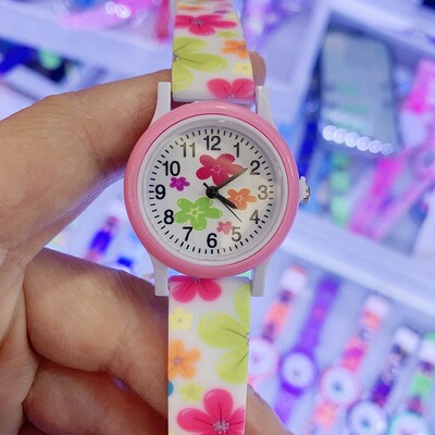Ceas de cuarț pentru copii, drăguț și frumos, cu flori din silicon imprimat, ceas de petrecere a timpului liber pentru studenți