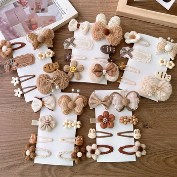 8 τμχ/σετ Κλιπ μαλλιών Sweet girl Cartoon Bear floral bowknot καρφίτσα μαλλιών για μικρά κορίτσια Υπέροχο μπεζ Παιδικό μωρό σε χρώμα καφέ