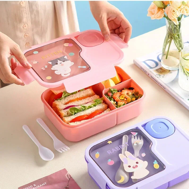 Кутия за обяд Bento за деца, момичета, анимационни студенти Kawaii Cute Heated 3 Grid Sandwich Кутия за храна за храна Специална столова Съхранение на храна