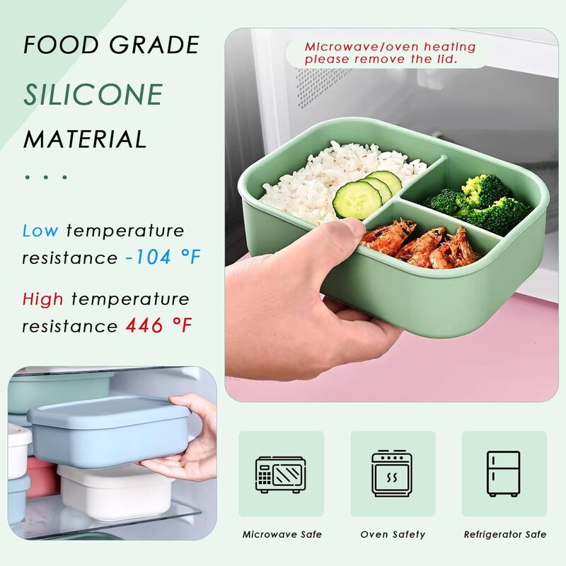 Cutie de mâncare pătrată cu 3 grile din silicon de calitate alimentară Cutie convenabilă pentru gustări cu fructe, bento sigilat rezistent la temperaturi înalte, cu capac