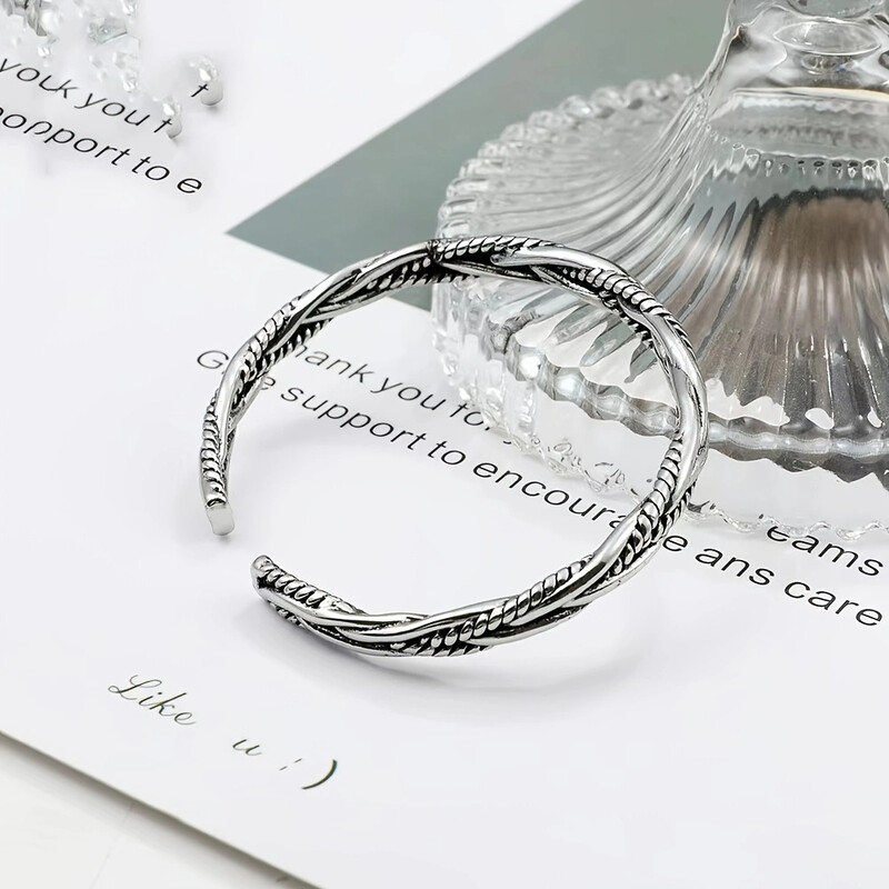 One, brățară din argint antic european și american, personalitate masculină și feminină, brățară reglabilă cu deschidere cu răsuciri de aluat prăjit