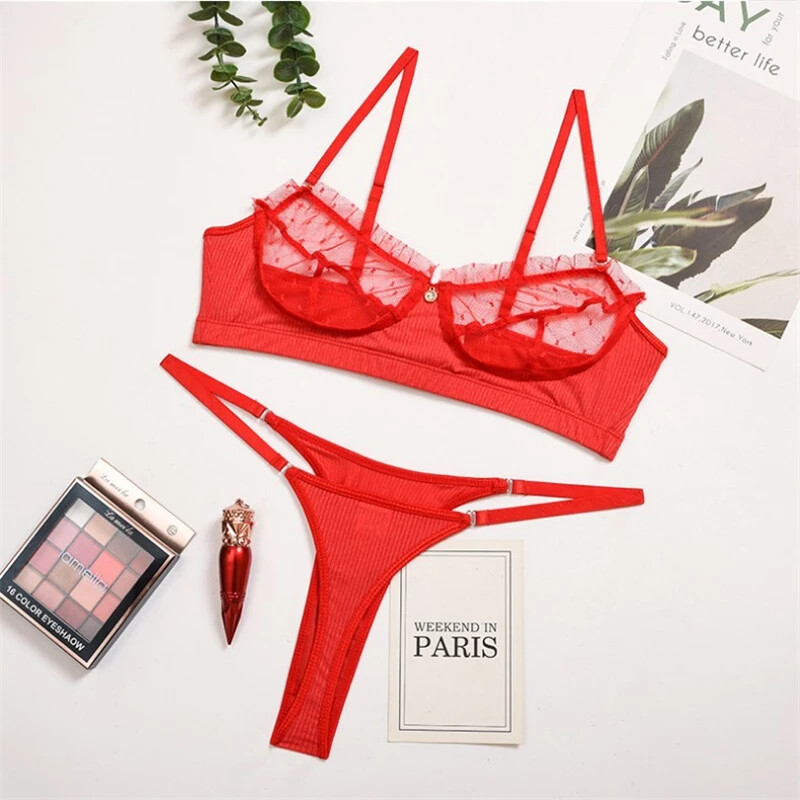 Set de sutien din dantelă de lenjerie sexy Lenjerie de corp transparentă Set de lenjerie erotică fierbinte Sutien Push Up cu set de chiloți Seturi de slip roșii Set de chiloți