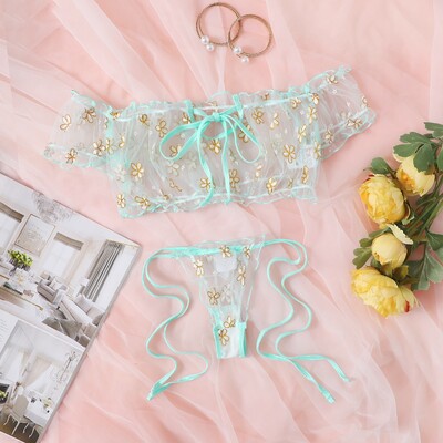 Set de lenjerie sexy cu imprimeu Daisy Set sutien erotic pentru femei Costum de lenjerie intima transparentă respirabilă Bralette fără bretele Topuri Seturi de chiloți
