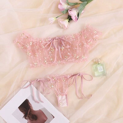 Set de lenjerie sexy cu imprimeu Daisy Set sutien erotic pentru femei Costum de lenjerie intima transparentă respirabilă Bralette fără bretele Topuri Seturi de chiloți