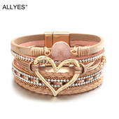 ALLYES Metal Love Heart Charm Brățări din piele pentru femei Brățară împletită cu strasuri de modă Brățară Bijuterii pentru femei Gfits