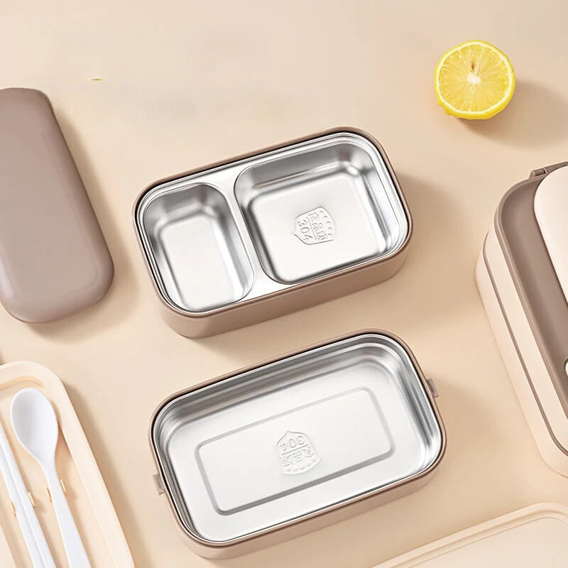 Cutie de prânz din oțel inoxidabil cu 2 straturi împărțite, cutie Bento pentru microunde, pentru studenți, lucrători de birou, containere portabile sigilate pentru alimente