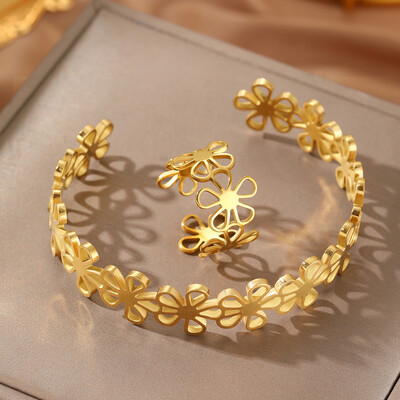 Set de inele brățară din oțel inoxidabil Flori goale Inel brățară retro neobișnuit pentru femei Bijuterii care nu se estompează Cadou de înaltă calitate Nou