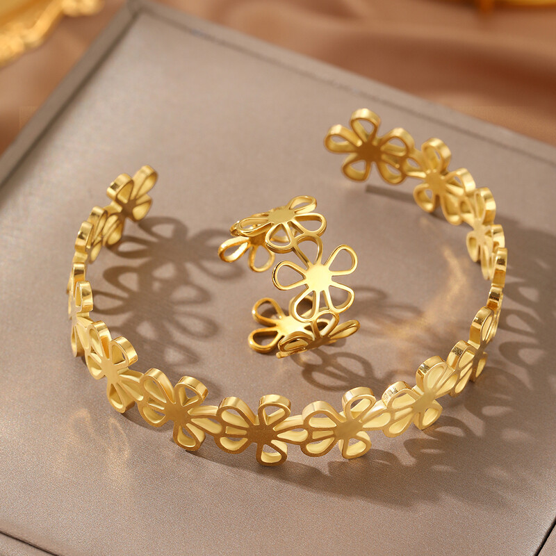 Set de inele brățară din oțel inoxidabil Flori goale Inel brățară retro neobișnuit pentru femei Bijuterii care nu se estompează Cadou de înaltă calitate Nou