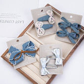 2 bucăți/set fundite din dantelă albă pentru fetițe agrafe de păr vintage din denim Sanp agrafe de păr cowboy mini fundite BB Barrettes