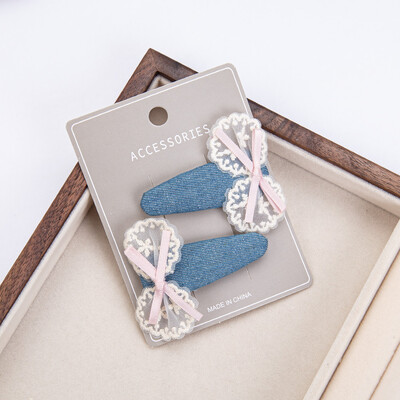 2 bucăți/set fundite din dantelă albă pentru fetițe agrafe de păr vintage din denim Sanp agrafe de păr cowboy mini fundite BB Barrettes