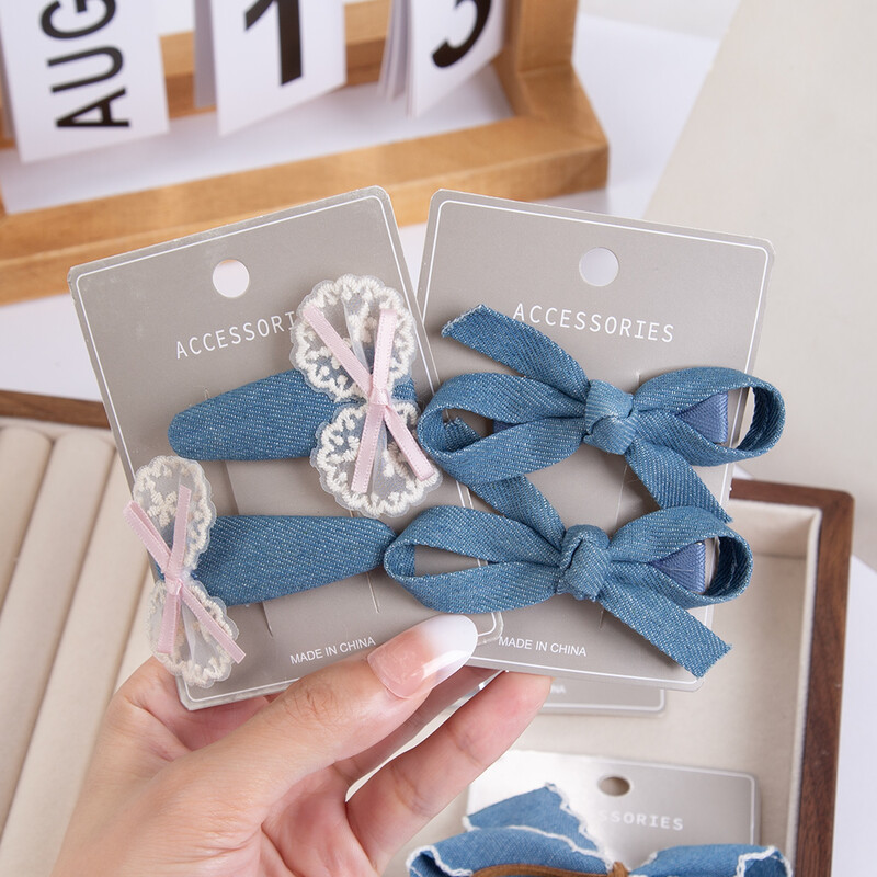 2 bucăți/set fundite din dantelă albă pentru fetițe agrafe de păr vintage din denim Sanp agrafe de păr cowboy mini fundite BB Barrettes