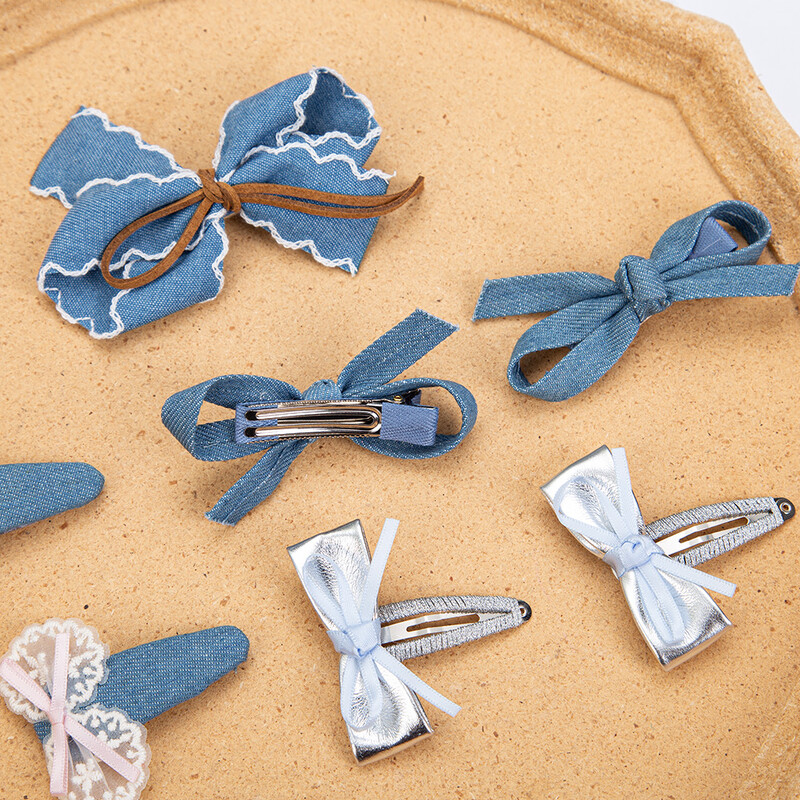 2 bucăți/set fundite din dantelă albă pentru fetițe agrafe de păr vintage din denim Sanp agrafe de păr cowboy mini fundite BB Barrettes