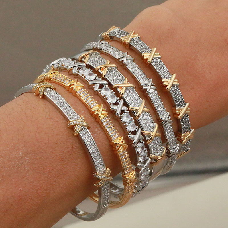 Brățări și brățare în cruce de zircon cubic de cristal clasic, cu scrisoare, brățară de mireasă, bijuterii de marcă de modă Ins